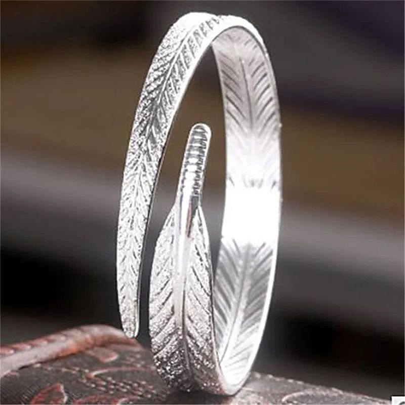 Bracelet jonc vintage à motif plume ouvert, ajustable, couleur argent, pour femme - Style n° 1 - image 1