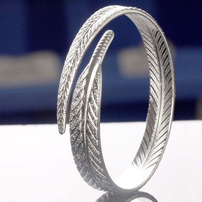 Bracelet jonc vintage à motif plume ouvert, ajustable, couleur argent, pour femme - image 7