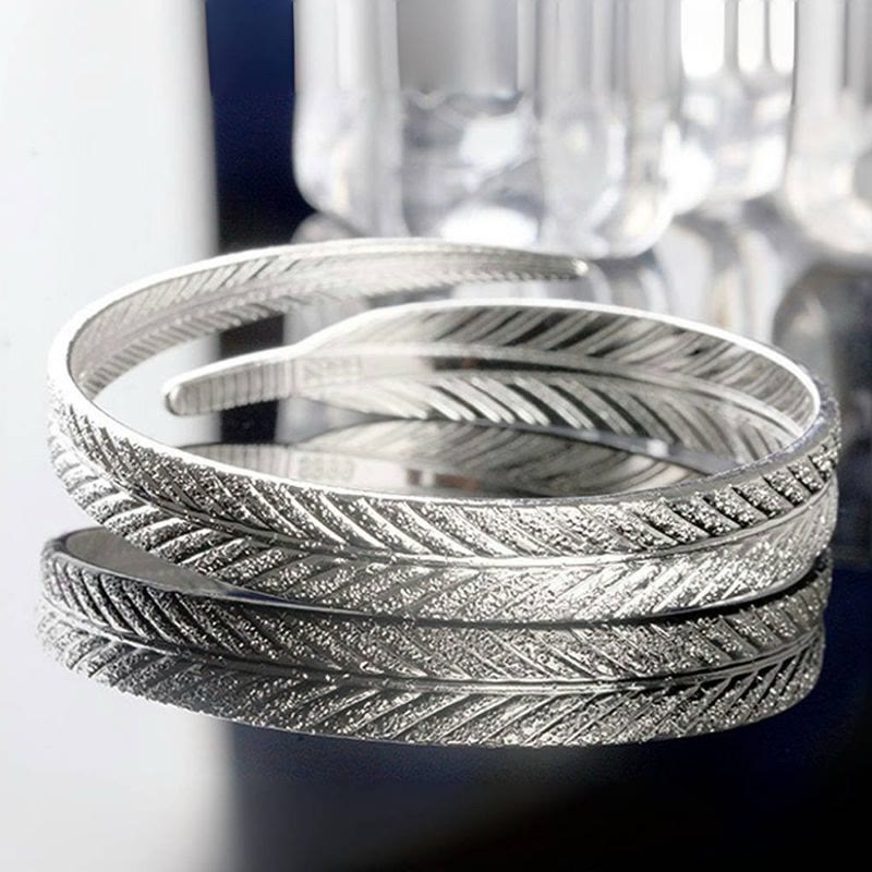 Bracelet jonc vintage à motif plume ouvert, ajustable, couleur argent, pour femme - image 5