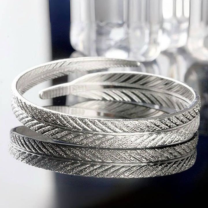Bracelet jonc vintage à motif plume ouvert, ajustable, couleur argent, pour femme - image 5