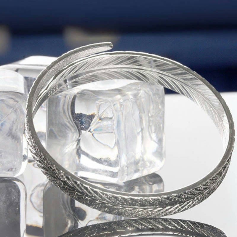 Bracelet jonc vintage à motif plume ouvert, ajustable, couleur argent, pour femme - image 6