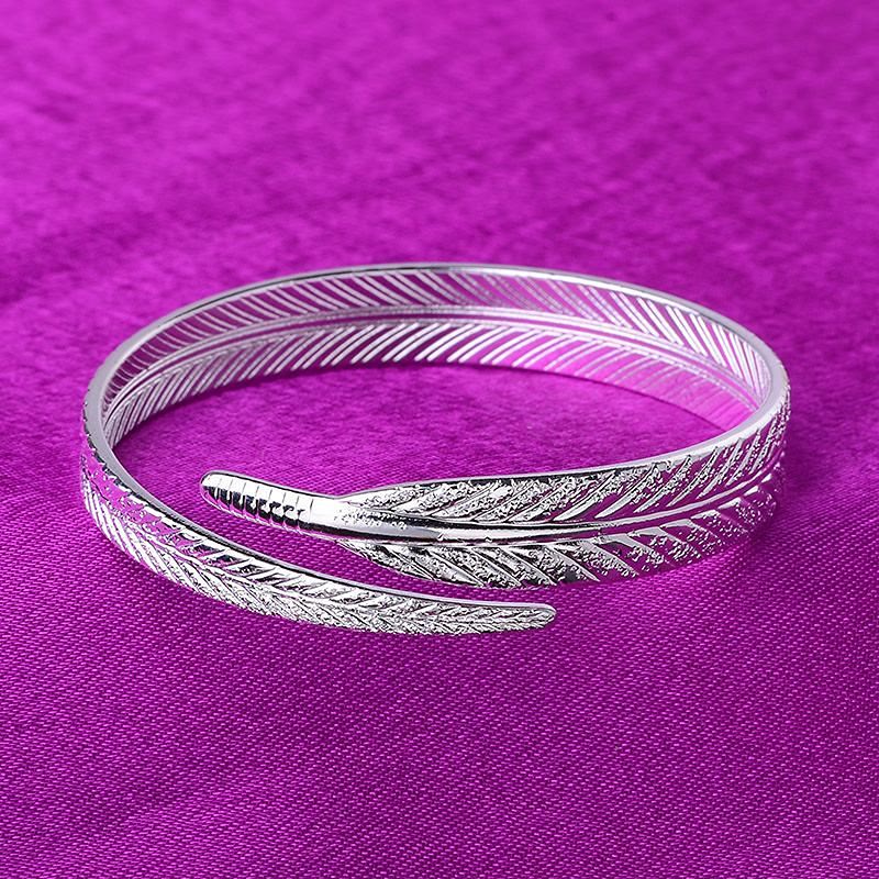Bracelet jonc vintage à motif plume ouvert, ajustable, couleur argent, pour femme - image 8