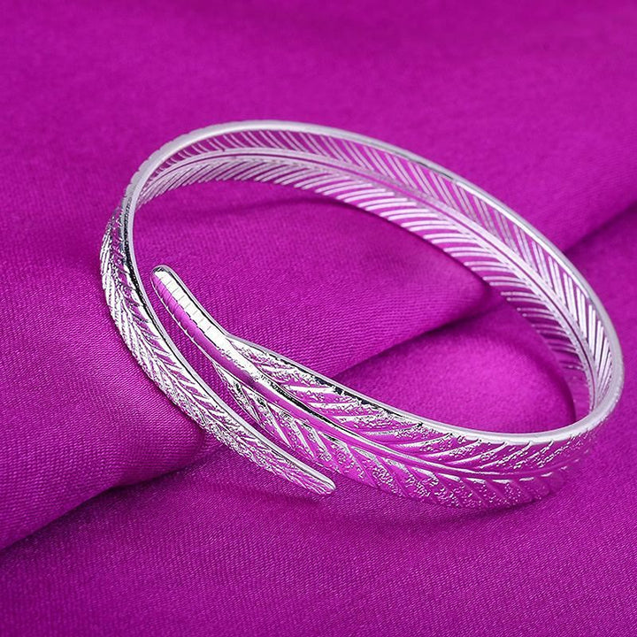 Bracelet jonc vintage à motif plume ouvert, ajustable, couleur argent, pour femme - image 9