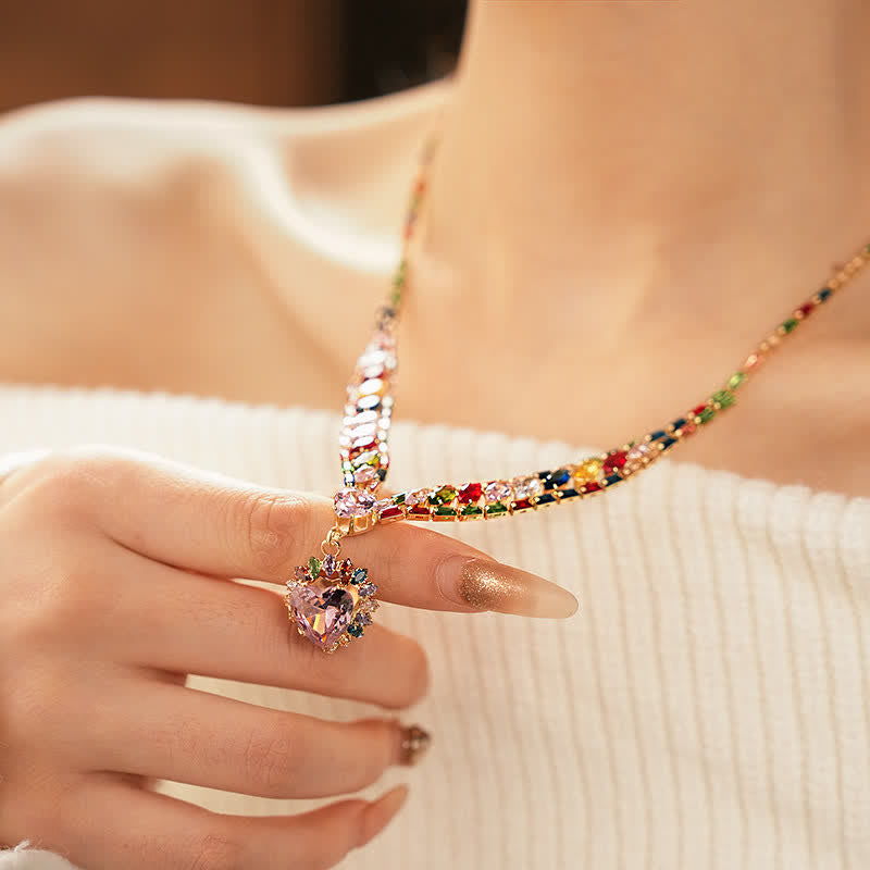Collier et boucles d'oreilles pendantes en forme de cœur arc-en-ciel avec zircon multicolore - Collier - image 0