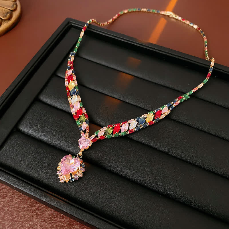 Collier et boucles d'oreilles pendantes en forme de cœur arc-en-ciel avec zircon multicolore - image 1