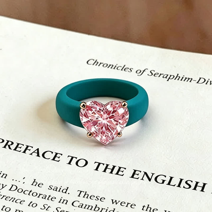 Bague en silicone hypoallergénique souple en forme de cœur avec zircon cubique - Bleu et rose - 10 US - image 8
