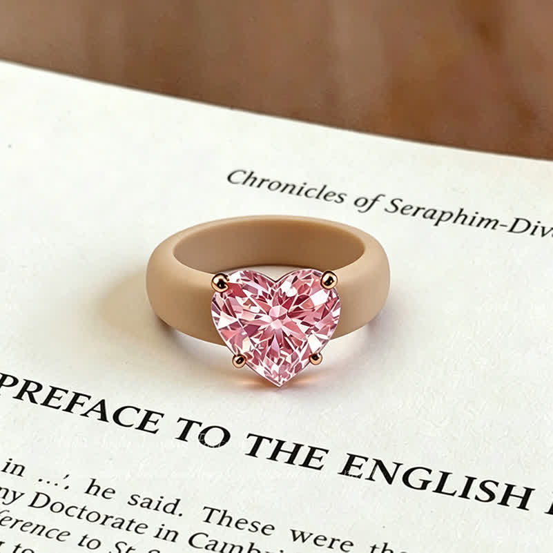 Bague en silicone hypoallergénique souple en forme de cœur avec zircon cubique - Beige et rose - 10 US - image 7