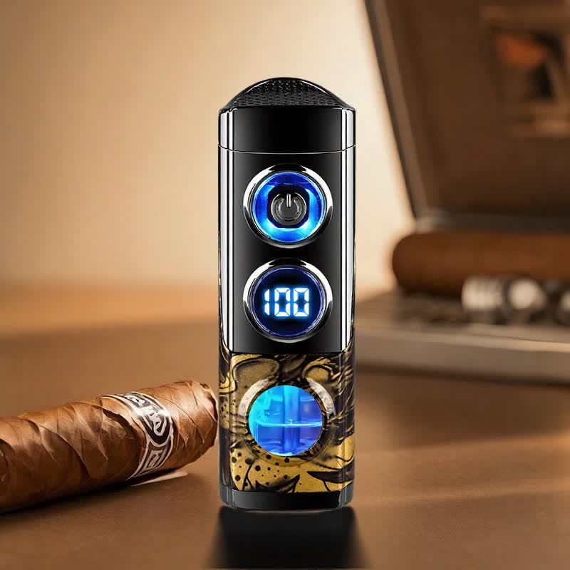 Briquet à cigares intelligent 4 en 1 à triple flamme avec repose-cigare et emporte-pièce intégrés - Léopard noir - image 17