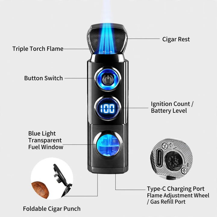 Briquet à cigares intelligent 4 en 1 à triple flamme avec repose-cigare et emporte-pièce intégrés - image 3