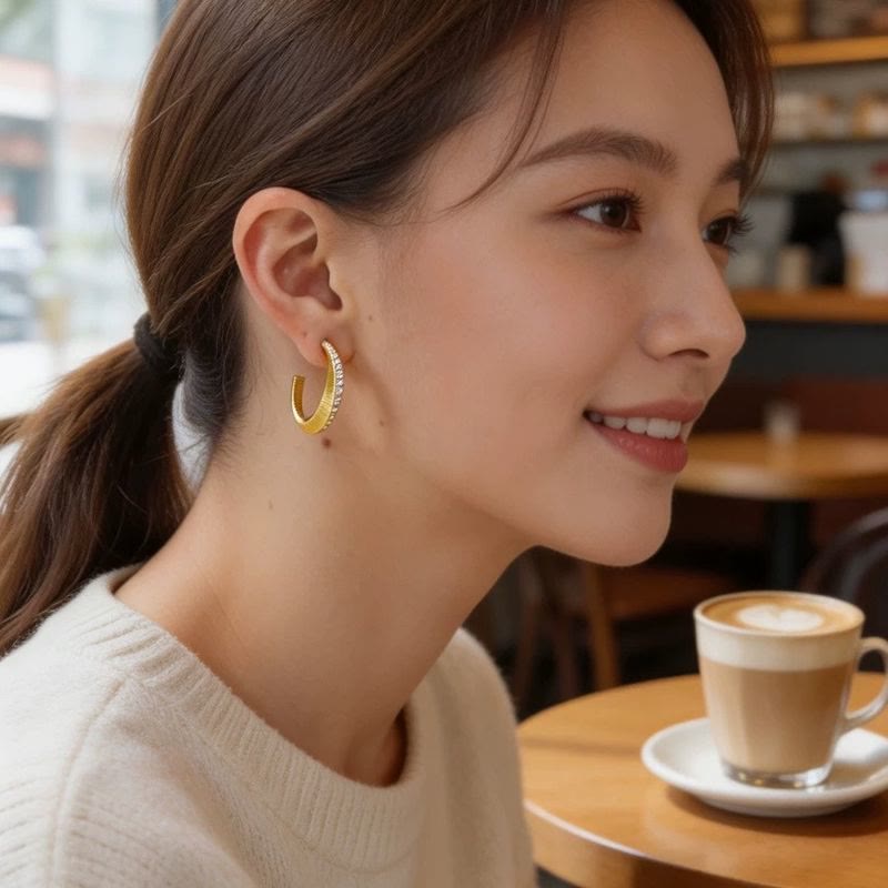 Boucles d'oreilles créoles texturées vintage en forme de C incrustées de zircon pour femmes - image 8