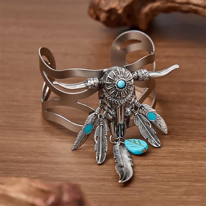 Bracelet manchette ouverte en forme de crâne de vache turquoise et plume du Sud-Ouest - image 2