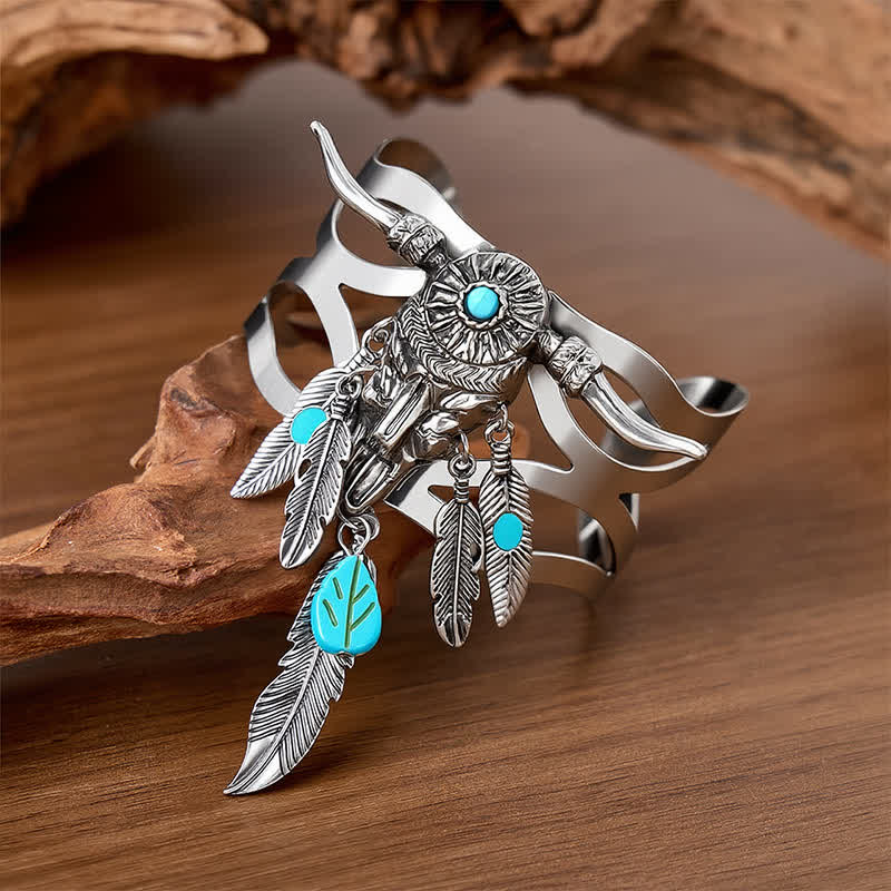 Bracelet manchette ouverte en forme de crâne de vache turquoise et plume du Sud-Ouest - image 3