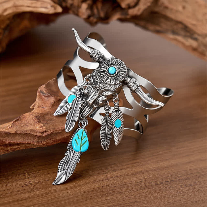 Bracelet manchette ouverte en forme de crâne de vache turquoise et plume du Sud-Ouest - image 3