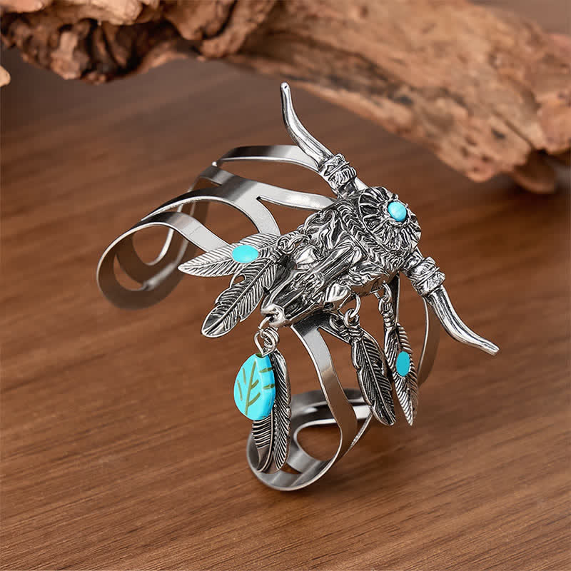 Bracelet manchette ouverte en forme de crâne de vache turquoise et plume du Sud-Ouest - Argent - image 0