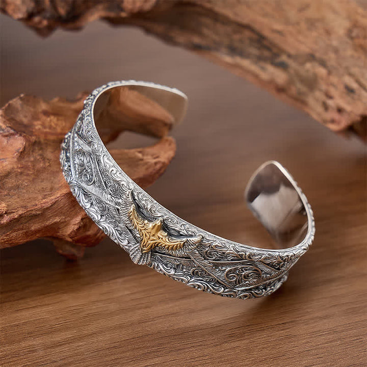 Bracelet manchette ouvert à gravure en volutes et aigle occidental - Argent - image 0