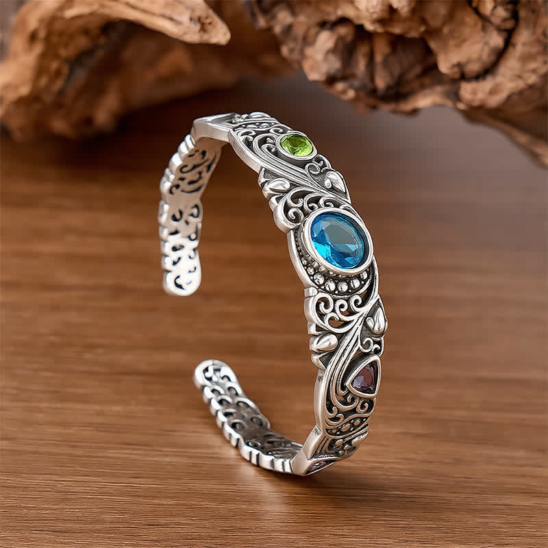 Bracelet manchette ajouré orné de pierres précieuses - Argent - image 0