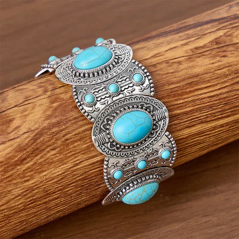 Bracelet manchette large ouvert orné de grosses perles turquoise, inspiré des palais - Argent antique - image 0