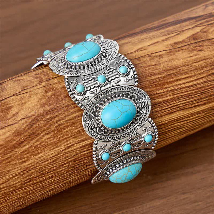 Bracelet manchette large ouvert orné de grosses perles turquoise, inspiré des palais - Argent antique - image 0