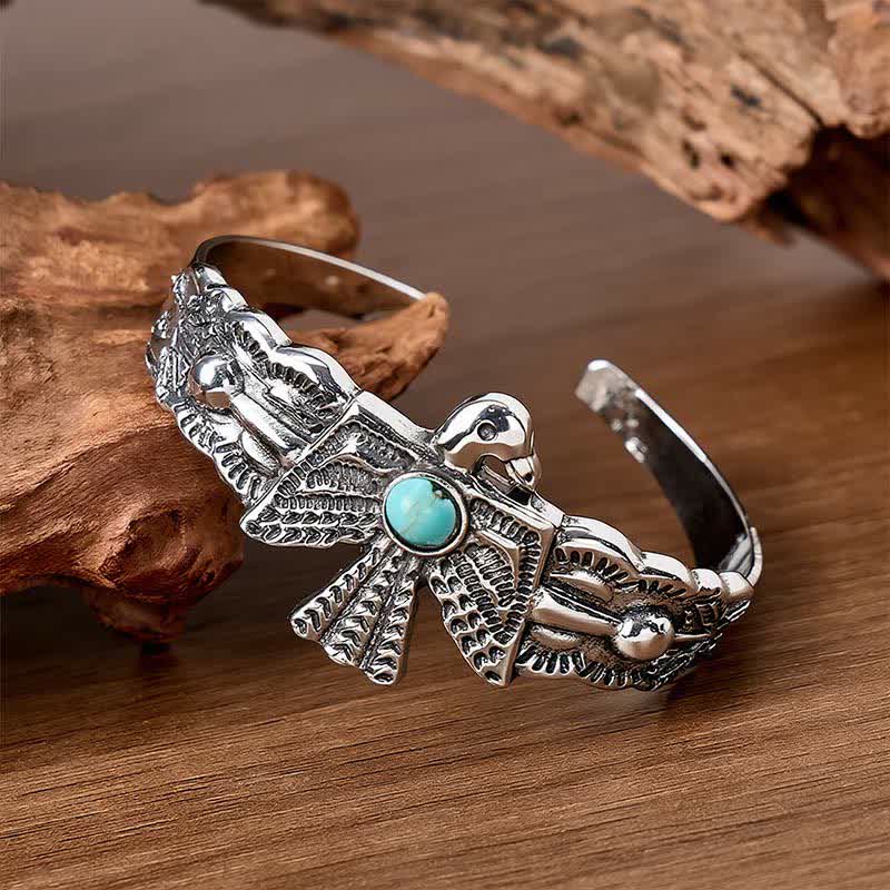 Bracelet manchette ouvert turquoise Western Eagle Thunderbird - Argent - image 0
