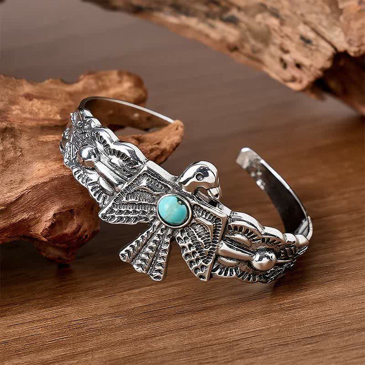 Bracelet manchette ouvert turquoise Western Eagle Thunderbird - Argent - image 0