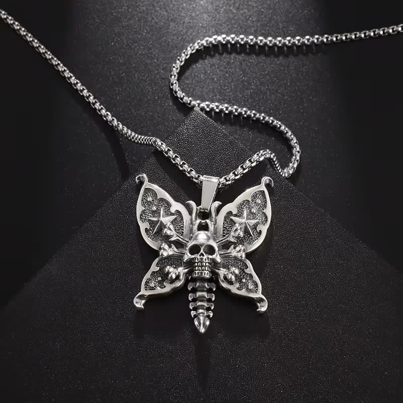 Collier papillon de nuit gothique crâne avec ailes étoilées - Argent - image 0