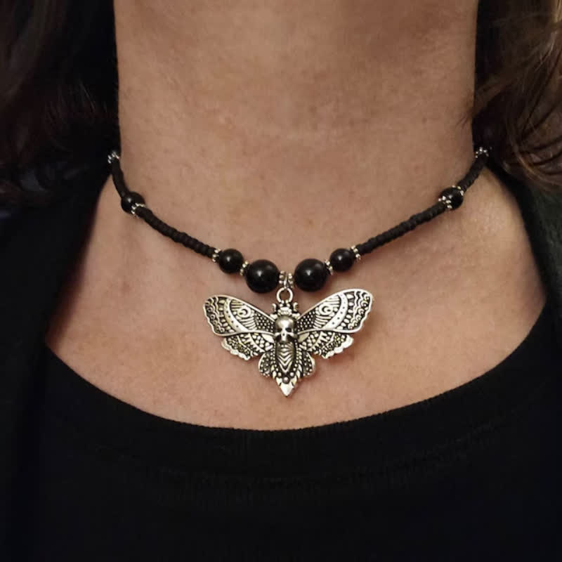 Collier ras du cou bohème gothique à perles et motif papillon tête de mort - Noir - image 0