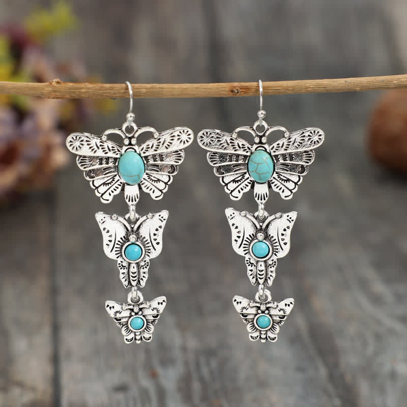 Boucles d'oreilles pendantes bohèmes turquoise à trois papillons, style western - Argent - image 0