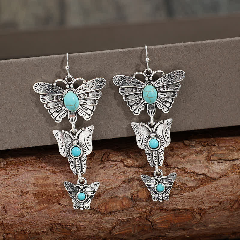 Boucles d'oreilles pendantes bohèmes turquoise à trois papillons, style western - image 2