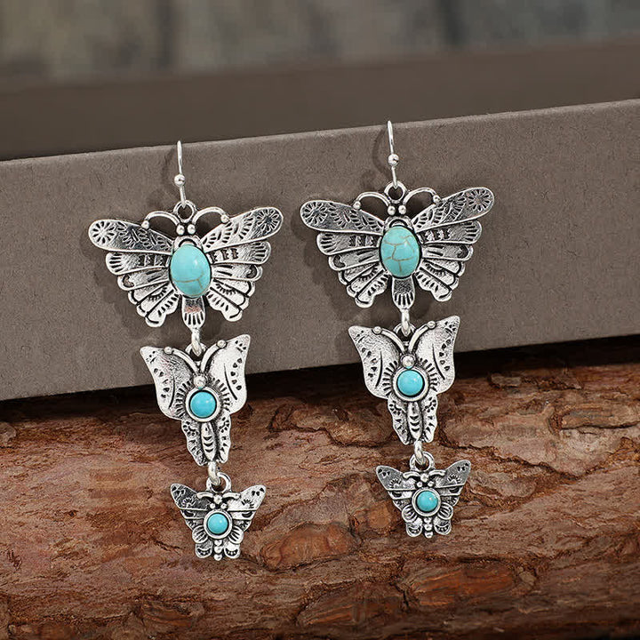 Boucles d'oreilles pendantes bohèmes turquoise à trois papillons, style western - image 2