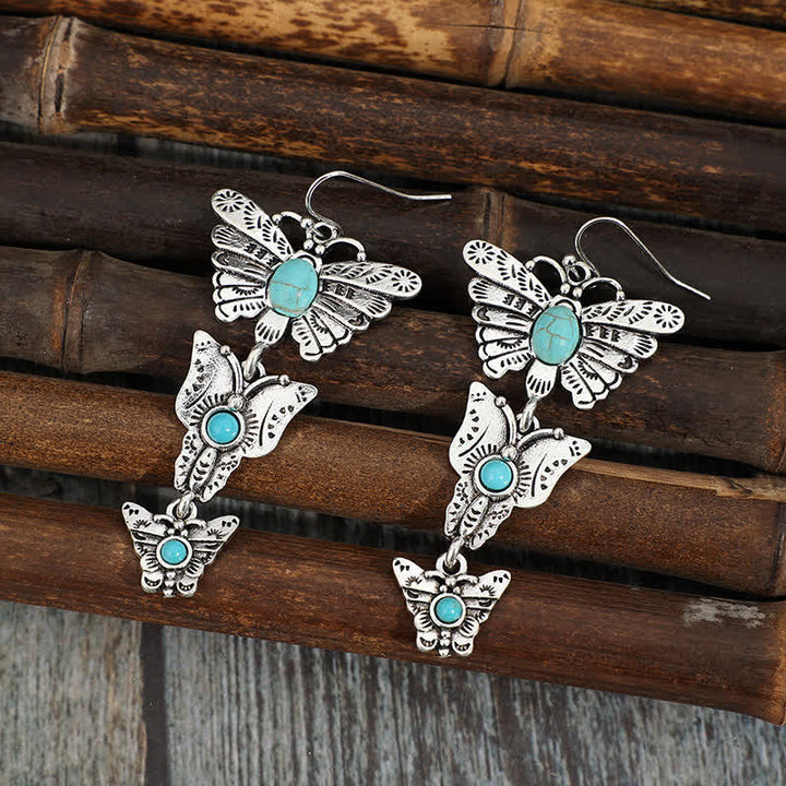 Boucles d'oreilles pendantes bohèmes turquoise à trois papillons, style western - image 1
