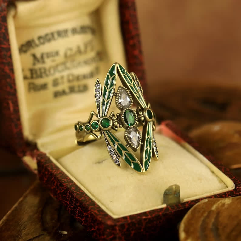Bague Art Nouveau Libellule en émail vert et cristaux - image 3
