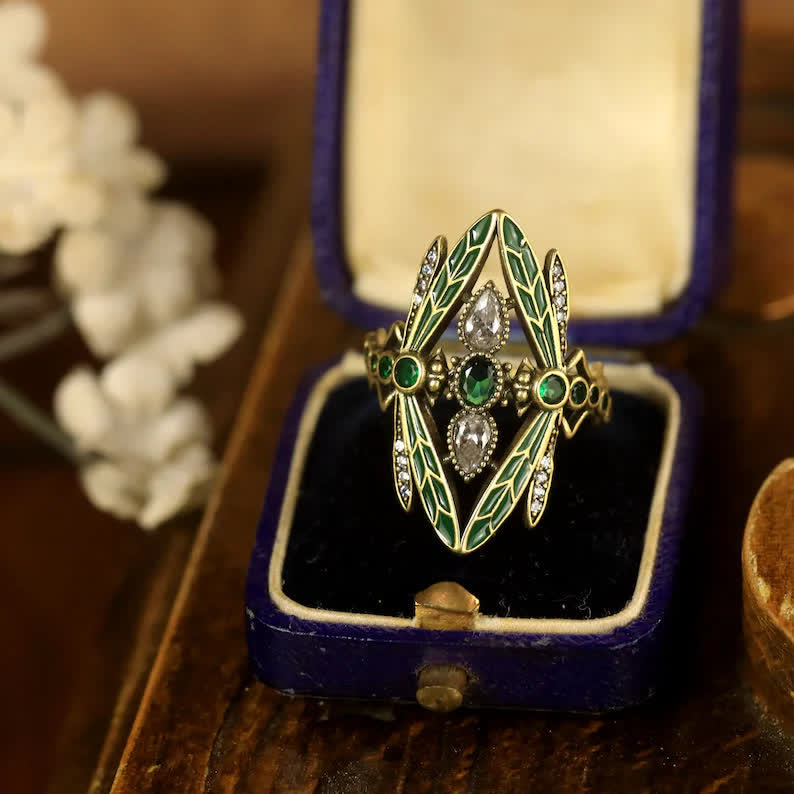 Bague Art Nouveau Libellule en émail vert et cristaux - image 4