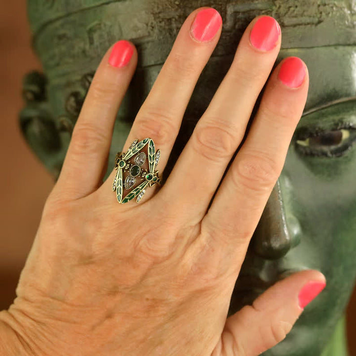 Bague Art Nouveau Libellule en émail vert et cristaux - image 1