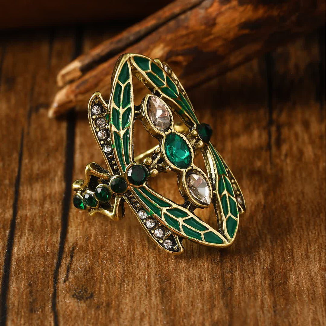 Bague Art Nouveau Libellule en émail vert et cristaux - Libellule - 10 US - image 0