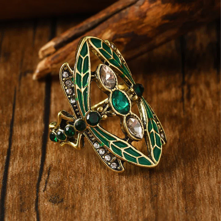 Bague Art Nouveau Libellule en émail vert et cristaux - Libellule - 10 US - image 0