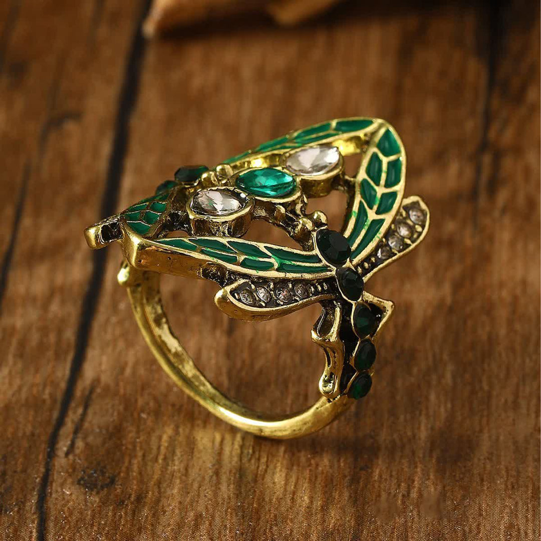 Bague Art Nouveau Libellule en émail vert et cristaux - image 2