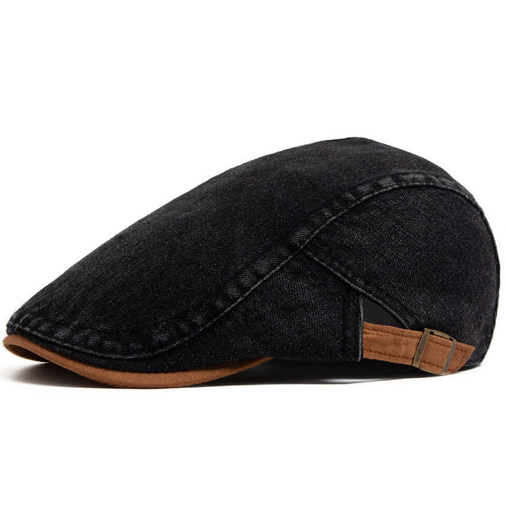 Béret plat en denim délavé à contraste de couleurs avec bord en daim - Noir - Réglable (21 5/8"-23 1/4") - image 7