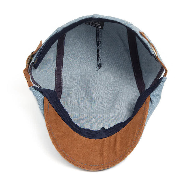 Béret plat en denim délavé à contraste de couleurs avec bord en daim - image 5