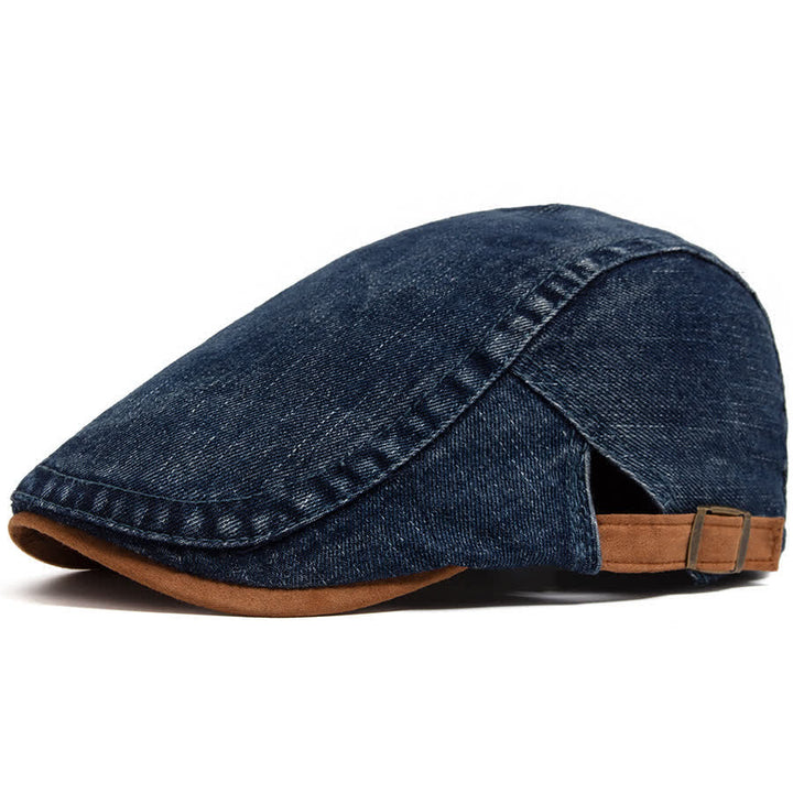 Béret plat en denim délavé à contraste de couleurs avec bord en daim - Bleu foncé - Réglable (21 5/8"-23 1/4") - image 8