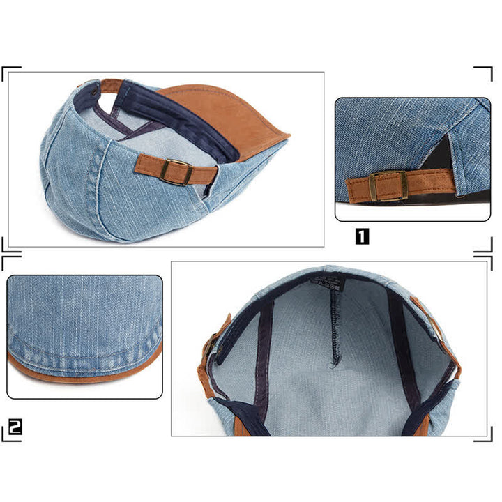 Béret plat en denim délavé à contraste de couleurs avec bord en daim - image 6