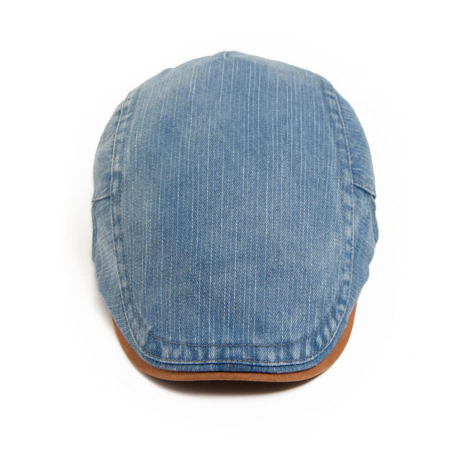 Béret plat en denim délavé à contraste de couleurs avec bord en daim - image 1