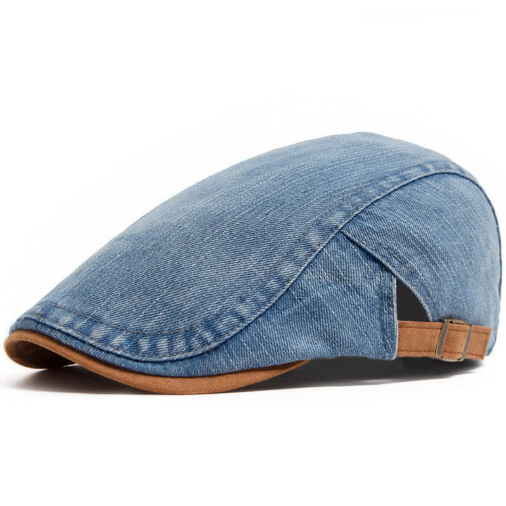 Béret plat en denim délavé à contraste de couleurs avec bord en daim - Bleu - Réglable (21 5/8"-23 1/4") - image 0