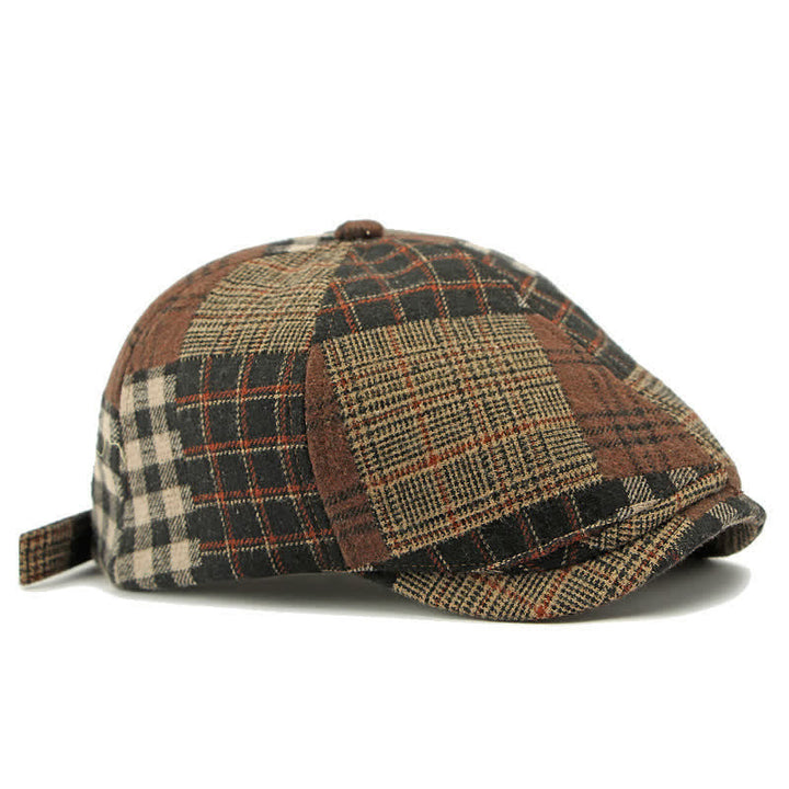 Béret chaud à carreaux patchwork et pied-de-poule, style gavroche, couleur lierre - image 7