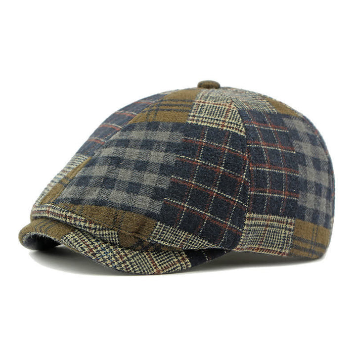 Béret chaud à carreaux patchwork et pied-de-poule, style gavroche, couleur lierre - Marine - Réglable (21 5/8"-23 5/8") - image 0