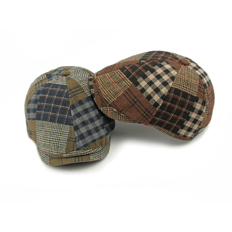 Béret chaud à carreaux patchwork et pied-de-poule, style gavroche, couleur lierre - image 5