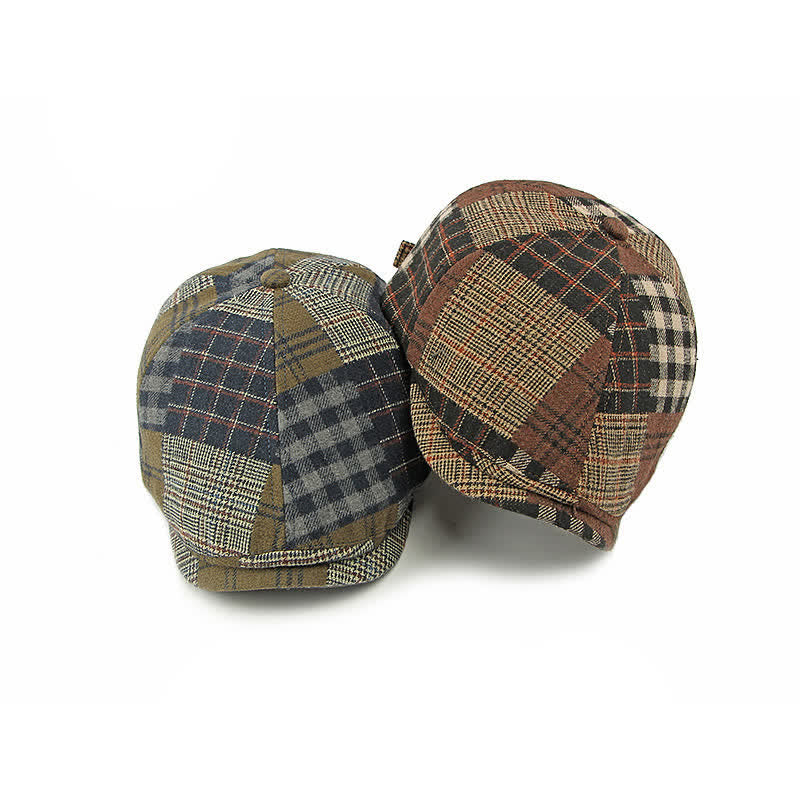 Béret chaud à carreaux patchwork et pied-de-poule, style gavroche, couleur lierre - image 4
