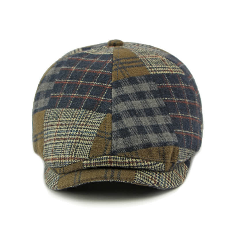 Béret chaud à carreaux patchwork et pied-de-poule, style gavroche, couleur lierre - image 1