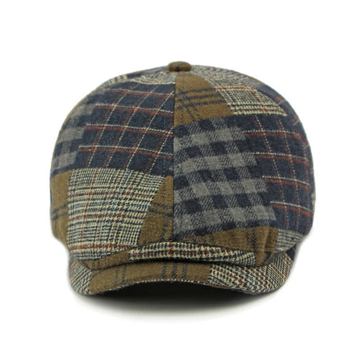 Béret chaud à carreaux patchwork et pied-de-poule, style gavroche, couleur lierre - image 1