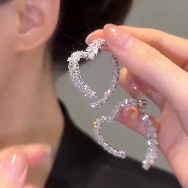 Boucles d'oreilles créoles en forme de cœur avec zircon et motif blé, sans fin - Argent - image 0