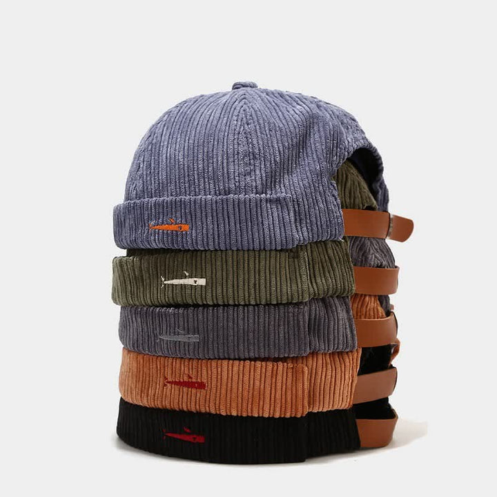 Casquette docker élégante en velours côtelé brodée et ajustable sans visière - image 0